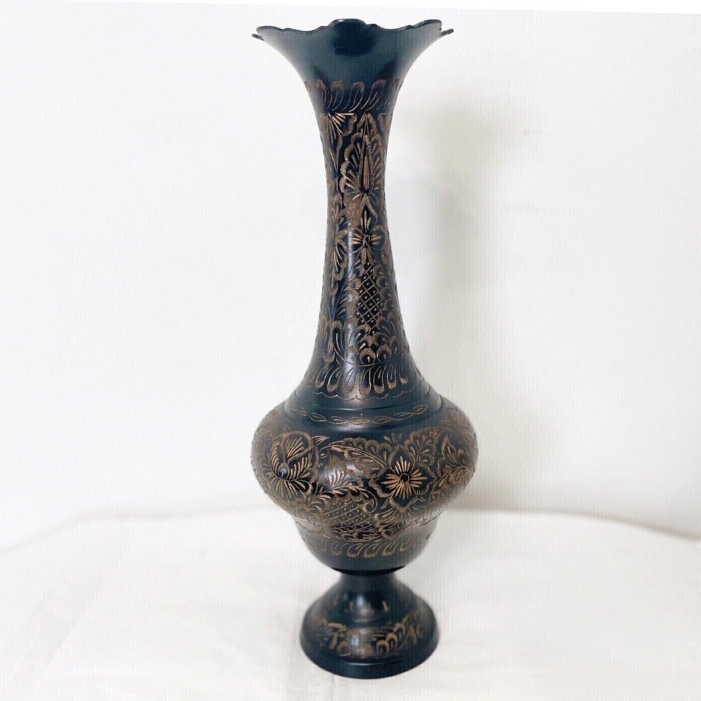 Vintage India Black Brass Etched Large Vase 13 in. EUC
